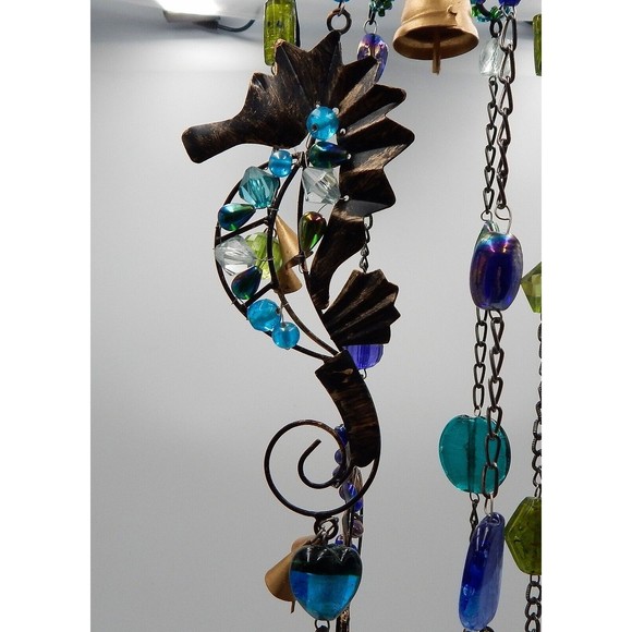 Pier 1 One Imports Jewel Tone Beaded Seahorse Windchime Gold Bells Made in India - Picture 4 of 8